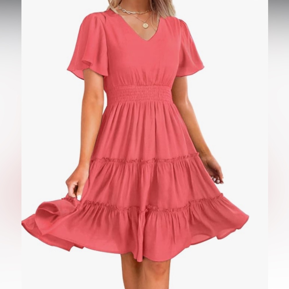 Zatccas Watermelon Red midi dress; smocked waist, tiered, A-line, small; chiffon